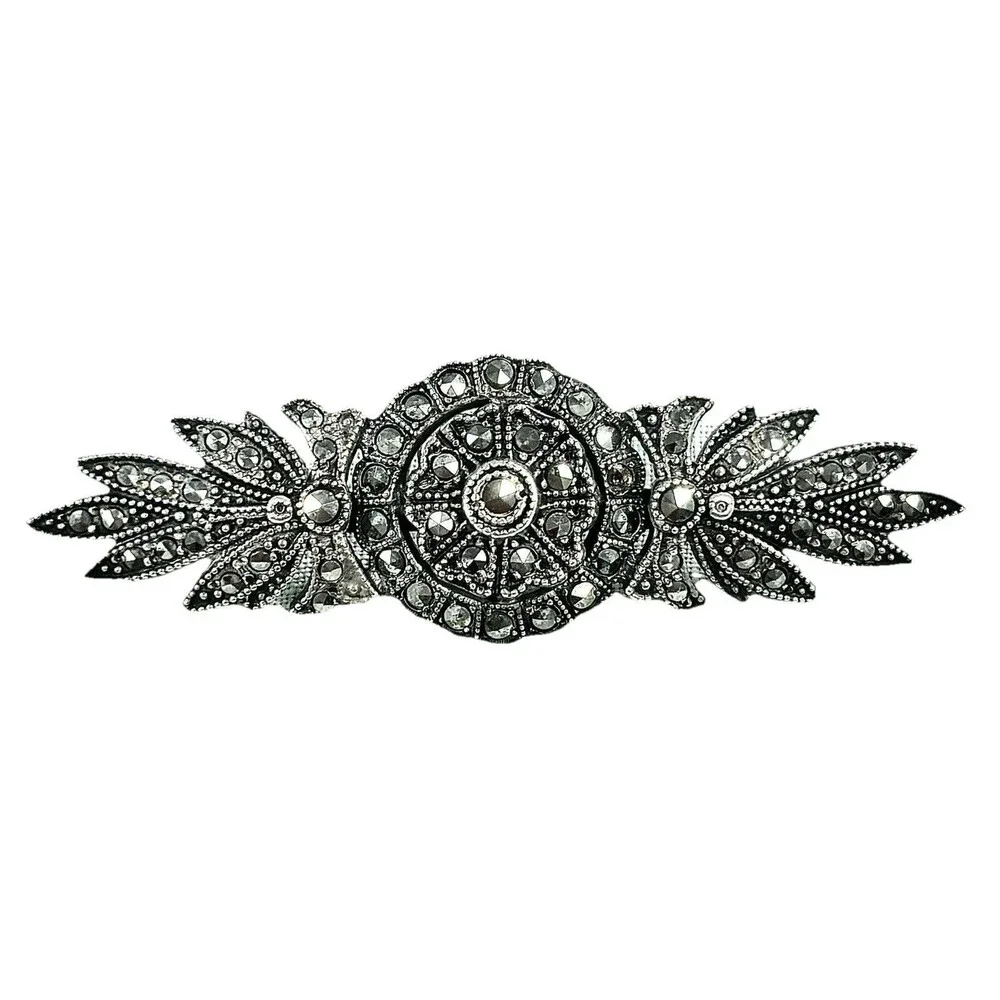 Vintage 925 Sterling Silver Marcasite Art Deco Style Bar Brooch Floral Pin